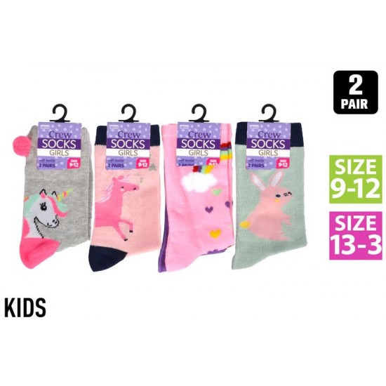 2Pair Girls Crew Socks 2 sizes