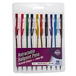 Pen Ballpoint Retractable 10pk Mixed Ink Cols