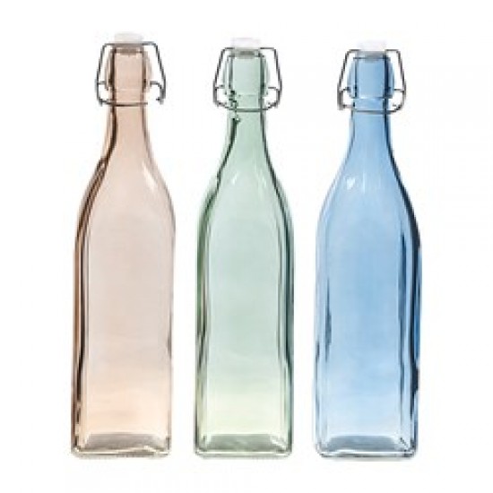 Glass Bottle Coloured Square 950ml 3 Asstd Cols