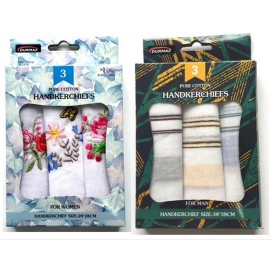 Mens & Ladies Pure Cotton Handkerchiefs-3PK