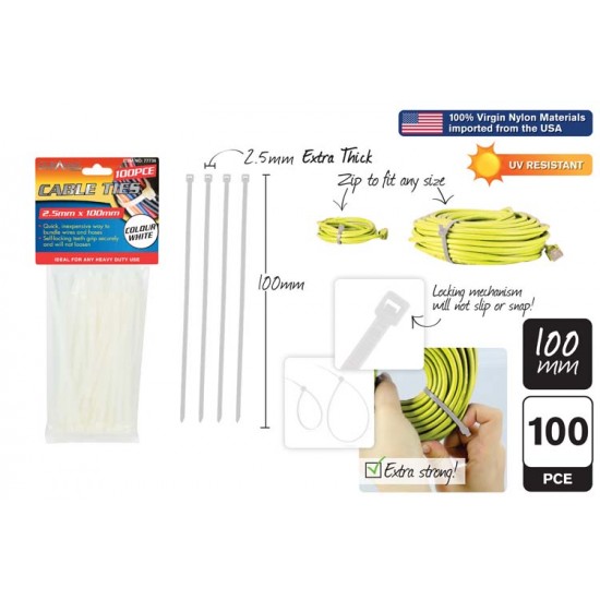 100pce Cable Ties-2.5x100mm-White